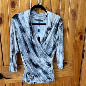 Rose & Olive Black and White Brushstroke Wrap Blouse